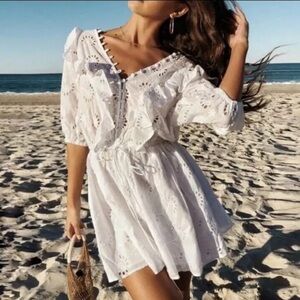 NWT Miou Muse Embroidered Puff Sleeve Dress Size L